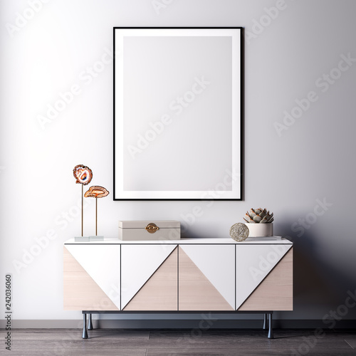 Interior of living room with white wall, 3D Rendering