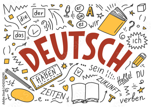 Deutsch. Translation: "German". German language hand drawn doodles and lettering.