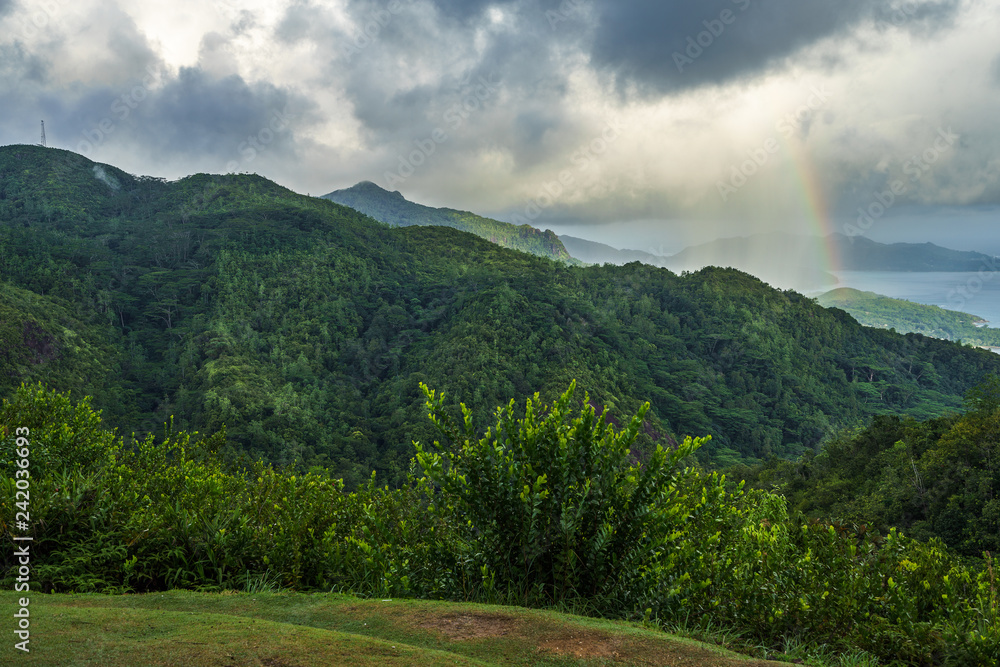 rainbow and rain over the jungle and mountains of mahé, seychelles 5