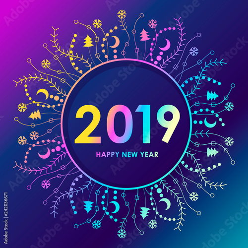 New Year banner design. purple christmas shining background. 2019 new year.