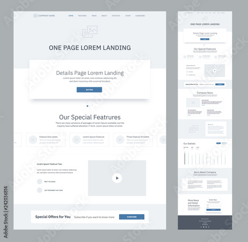 One page website design template for business. Landing page wireframe. Flat modern responsive design. Ux ui website: home, features, video, news, about us, statistic, company, order, contacts.