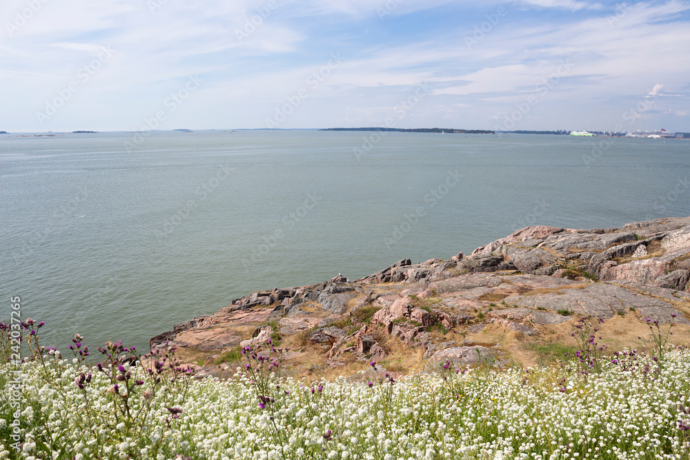 The stony shore of the island of Sumenlinna Sveaborg with grass and flowers on it and the view of the Gulf of Finland and the city of Helsinki in the distance on a summer day.