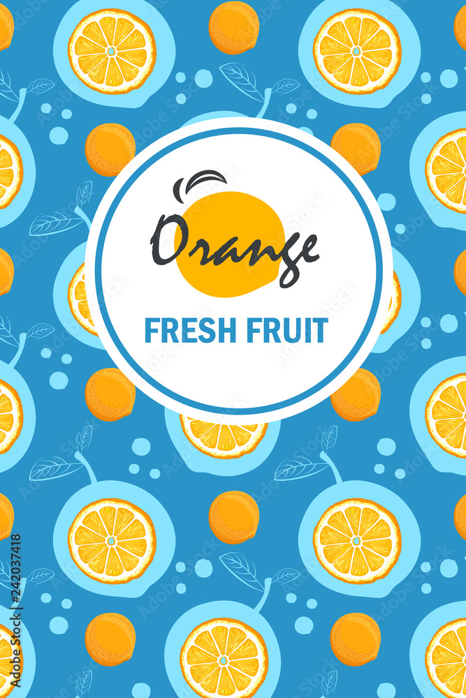 Banner with sliced orange pieces, leaves. Template for design  juice, lemonade, cosmetic, natural medicine, herbal tea, food menu.