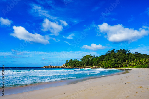 Beautiful tropical beach palms white sand granite rocks seychelles 2