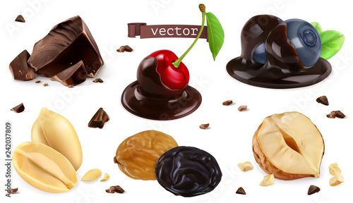 Berries, nuts and chocolate. Blueberry, cherry, peanut, hazel, raisin, 3d vector set