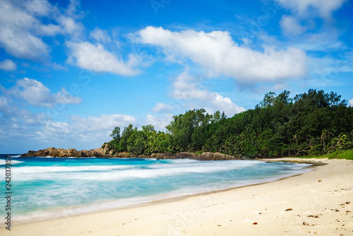 beautiful paradise tropical beach,palms,rocks,white sand,turquoise water, seychelles 7