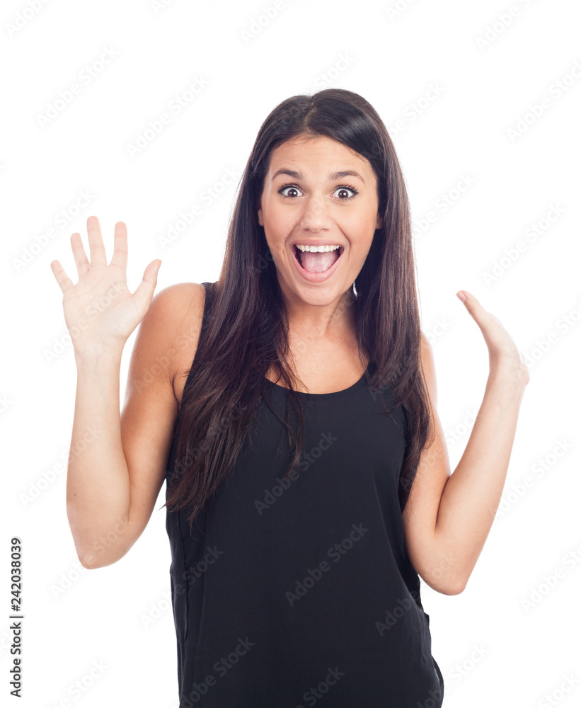 beautiful happy young woman in black dress and hands in the air beautiful happy young woman in black dress and hands in the air