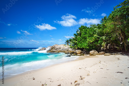 beautiful paradise tropical beach,palms,rocks,white sand,turquoise water, seychelles 16