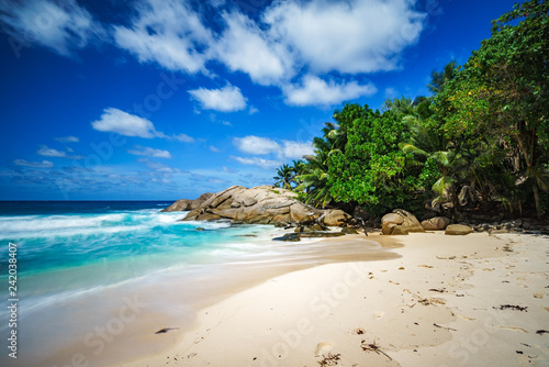 Fototapeta Naklejka Na Ścianę i Meble -  beautiful paradise tropical beach,palms,rocks,white sand,turquoise water, seychelles 24