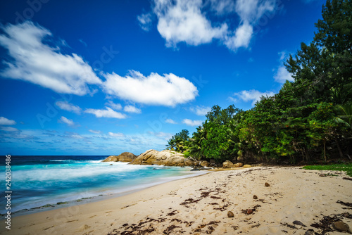 beautiful paradise tropical beach,palms,rocks,white sand,turquoise water, seychelles 28