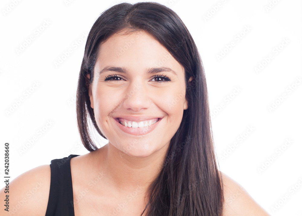 Beautiful smiling woman with clean skin, natural make-up, and white teeth on white background Beautiful smiling woman with clean skin, natural make-up, and white teeth on white background