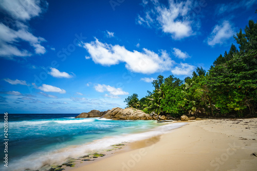 beautiful paradise tropical beach,palms,rocks,white sand,turquoise water, seychelles 36