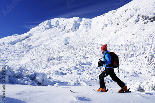 Climber trekking in harsh winter condition. Winter alpine landscape.