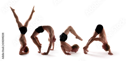 Yoga alphabet, athlete forming YOGA word over white background