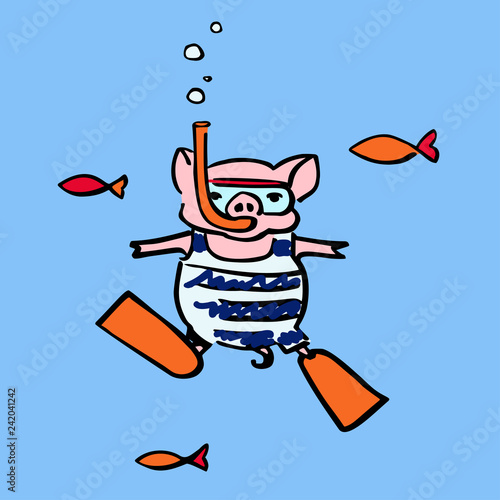 funny pig with an underwater mask and an air snorkel tube