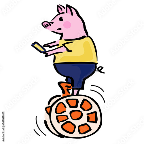 Serious vector pig balancing on caramel electric self-balancing scooter.
