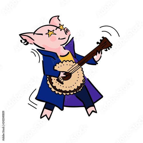 funny vector cartoon rockstar pig with guitar