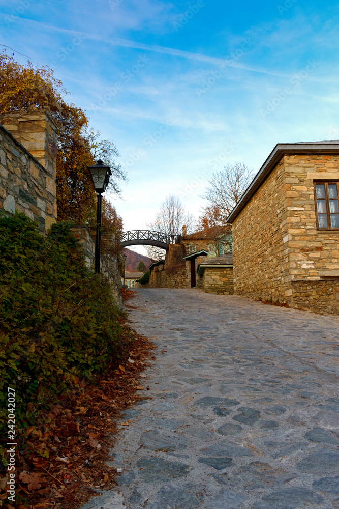 Traditional stone houses in the village of Nymfaio. There is a small bridge in the background linking two mansion houses