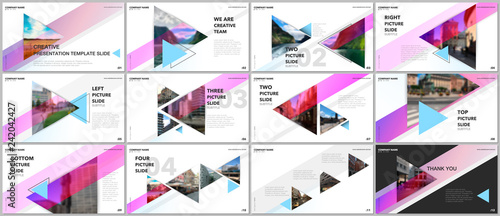 Minimal presentations design, portfolio vector templates with triangles and triangular elements. Multipurpose template for presentation slide, flyer leaflet, brochure cover, report, advertising.