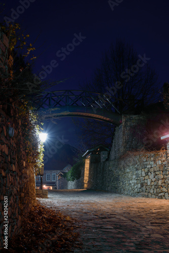 Traditional stone-built houses in the village of Nymfaio. There is a small bridge in the background. Night photo photo