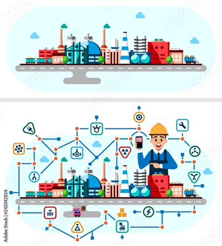 Global industrial factory technology process with ecology concept. Flat style illustration of manufacturing buildings with the engineer. Smart factory with neural network and icons. Industry 4.0