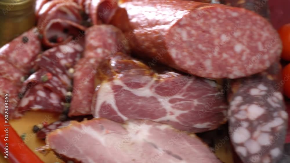 Sliced smoked sausage and ham Sliced smoked sausage and ham