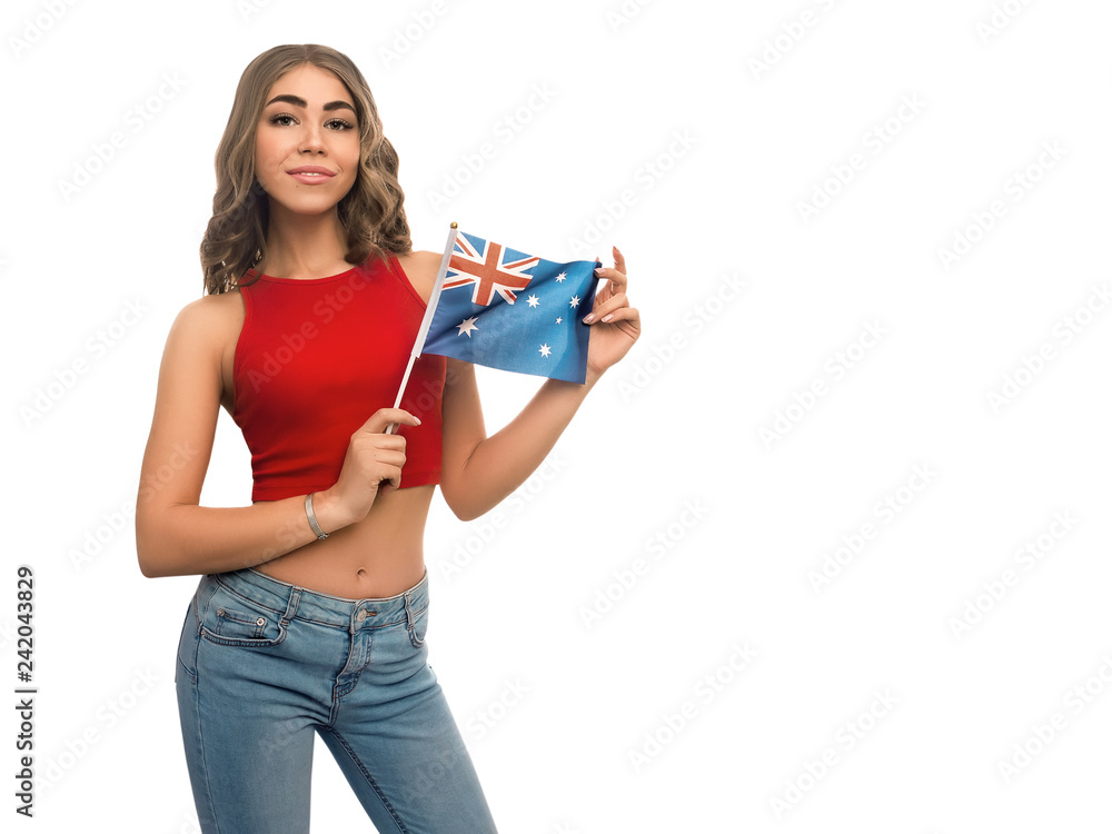 Girl holding Australia flag isolated on white background Girl holding Australia flag isolated on white background