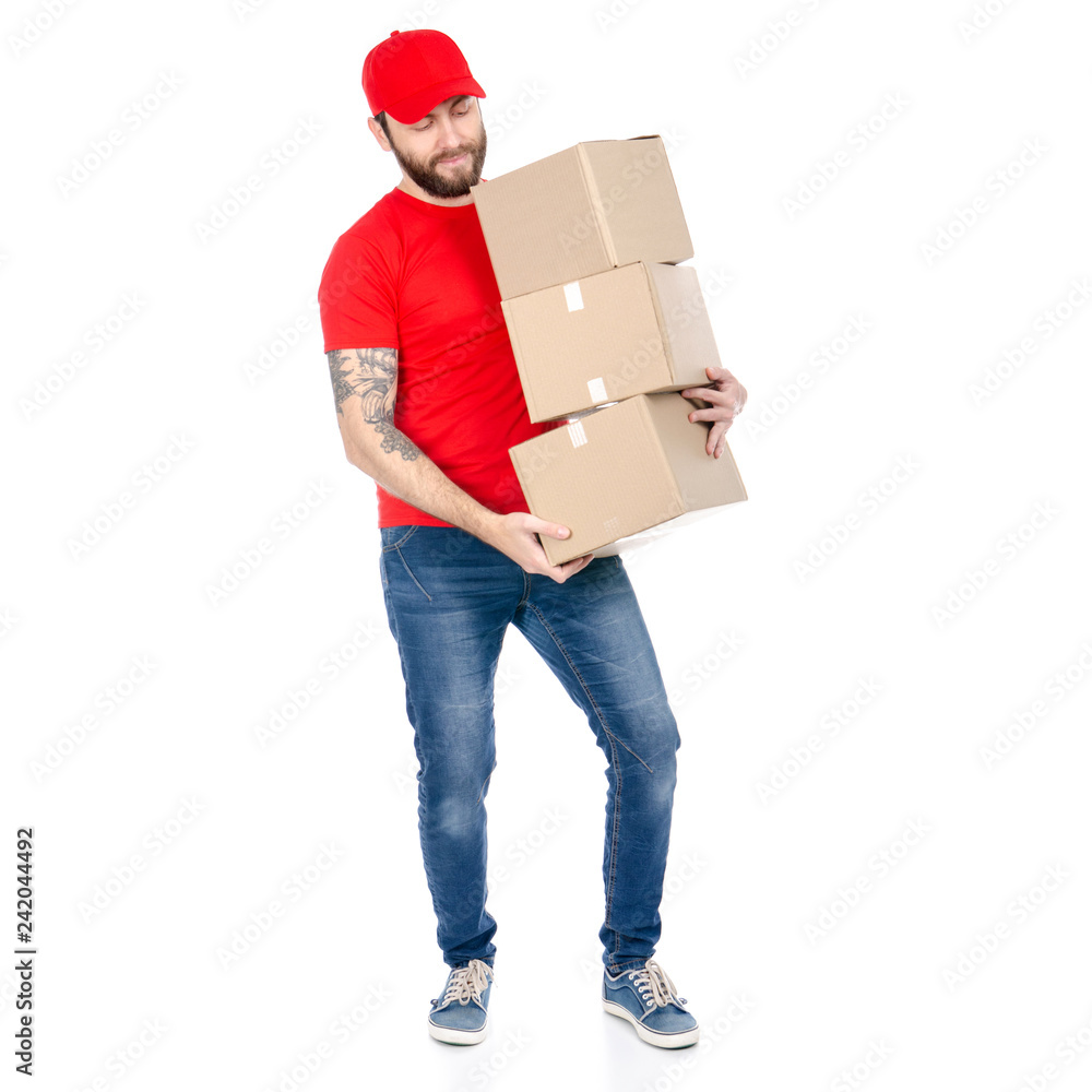 Delivery man in red uniform holding box package isolated on white background Delivery man in red uniform holding box package isolated on white background