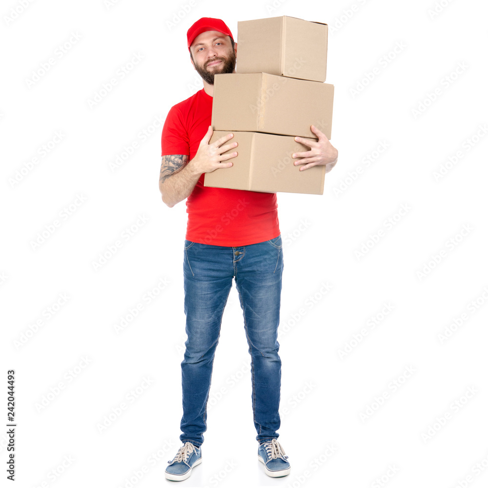 Delivery man in red uniform holding box package isolated on white background Delivery man in red uniform holding box package isolated on white background