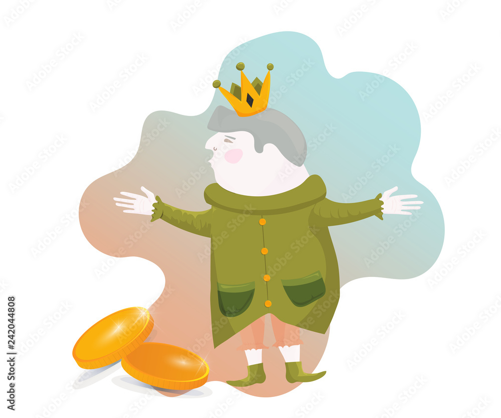Fototapeta premium Big Win illustration in a cartoon style: Happy King gifting gold coins. Great also as cash back poster or raffle ticket template.