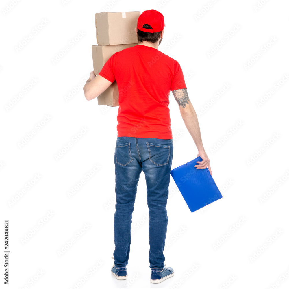 Delivery man in red uniform holding box package back view isolated on white background Delivery man in red uniform holding box package back view isolated on white background