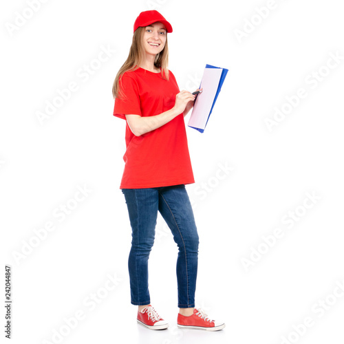 Wallpaper Mural Delivery woman in red uniform isolated on white background Torontodigital.ca