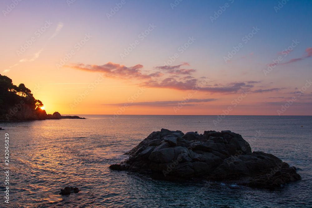 Sea landscape. Sunrise on sea beach in Costa Brava