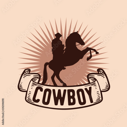 Vintage label with Silhouette of Cowboy on bucking horse at night Logo design inspiration