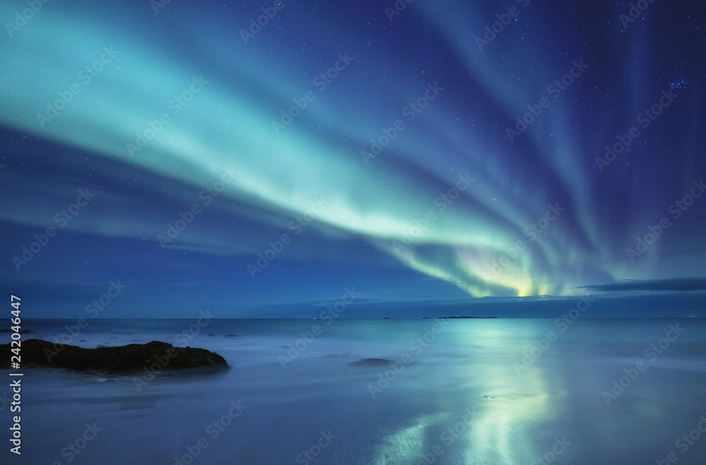 Aurora borealis on the Lofoten islands, Norway. Green northern lights above ocean. Night sky with polar lights. Night winter landscape with aurora and reflection on the water surface. 