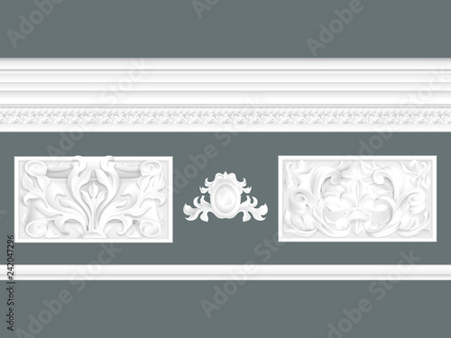 White classic relief and cornice set isolated, architectural elements set