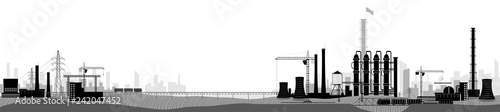 Industrial or factory landscape. Horizontal wide view. Black and white image.