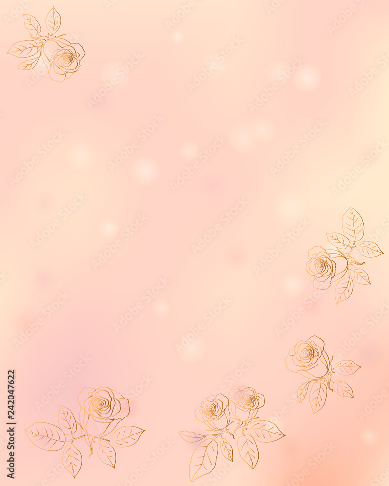 Obraz premium Pink yellow bokeh romantic background. Happy Valentine`s, Mother`s or Women`s day card design. Elegant vector illustration with gold flowers roses. Place for text.