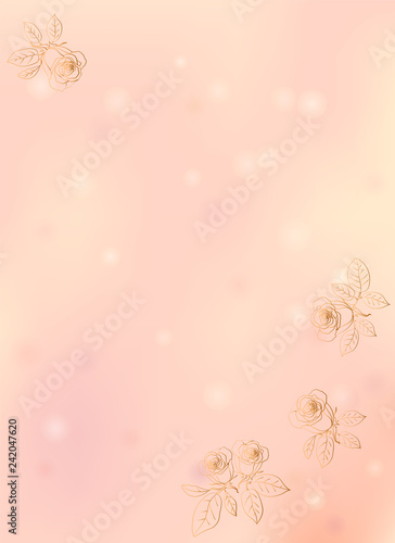 Pink yellow bokeh romantic background. Happy Valentine`s, Mother`s or Women`s day card design. Elegant vector illustration with gold flowers roses. Place for text. © SunnyL
