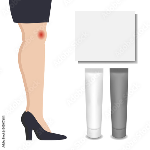 Cream (lotion, ointment) tubes vector isolated templates set for skin care product. Black and white mockups for packages. Woman with knee pain and medicine. Place for text, copy space.