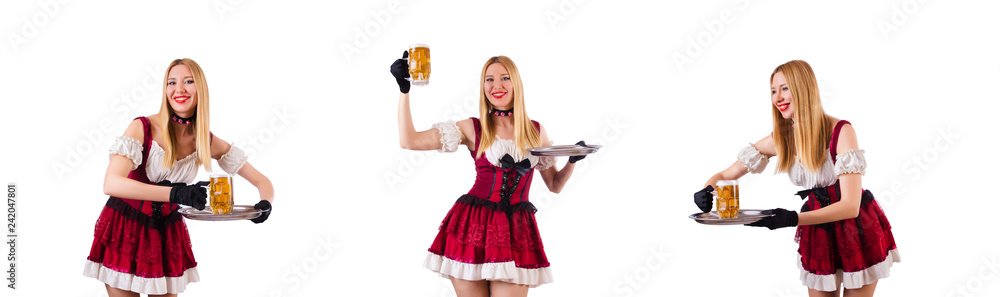 Young waitress with beer on white Young waitress with beer on white