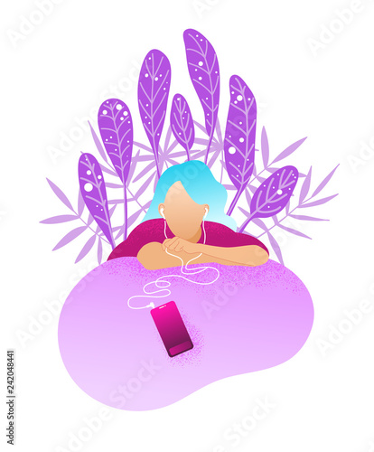 Young woman listen to music flat vector character.