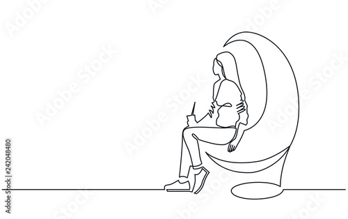 Young woman sitting in egg chair continuous one line vector drawing