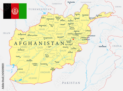 Afghanistan Map Political - Capital  Cities  Rivers and Lakes - Highly detailed vector illustration