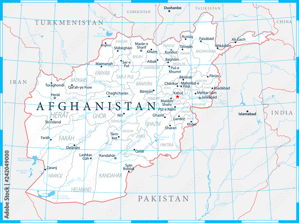 Afghanistan Map Political - Capital, Cities, Rivers and Lakes - Highly detailed vector illustration Afghanistan Map Political - Capital, Cities, Rivers and Lakes - Highly detailed vector illustration