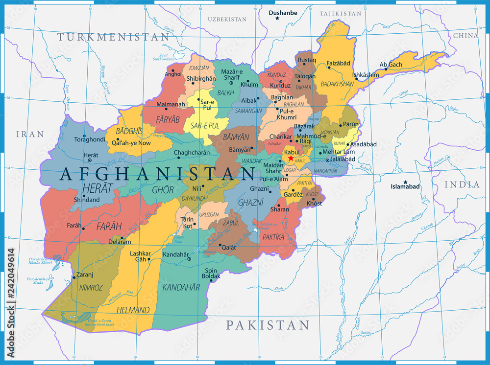 Afghanistan Map Political - Capital, Cities, Rivers and Lakes - Highly detailed vector illustration