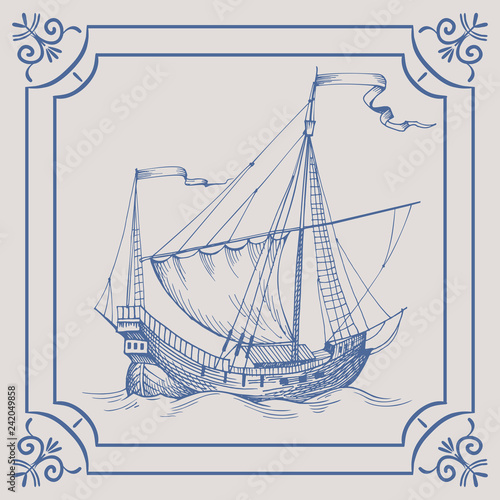 Old caravel, vintage sailboat. Hand drawn vector sketch.Detail of the old geographical maps of sea
