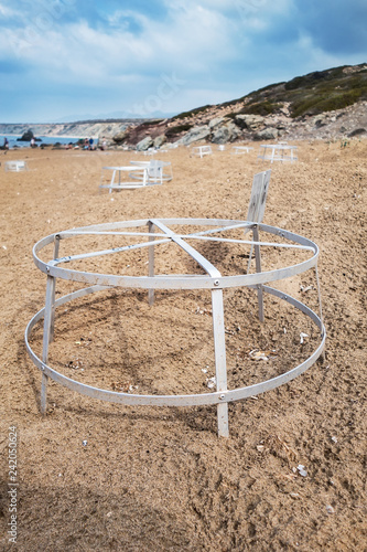 Signed sea green turtle nest on Lara Bay Turtle Beach , Akamas, Cyprus.