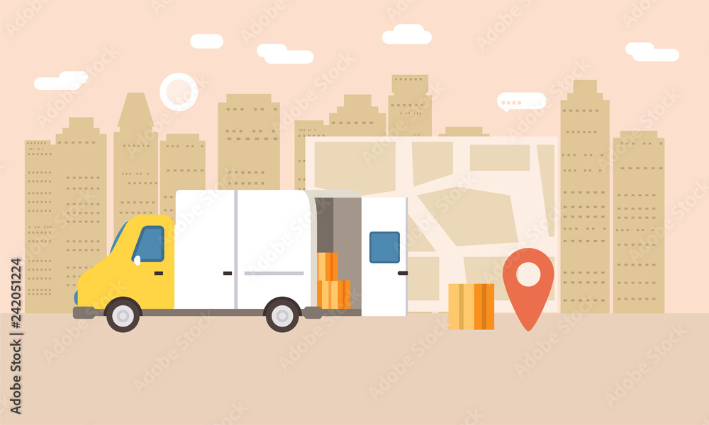 Online delivery of goods, tracking online tracker. Smartphone, parcel delivery truck, map, stopwatch. Concept, idea, vector, illustration for web sites, shops, animation, mobile applications Online delivery of goods, tracking online tracker. Smartphone, parcel delivery truck, map, stopwatch. Concept, idea, vector, illustration for web sites, shops, animation, mobile applications
