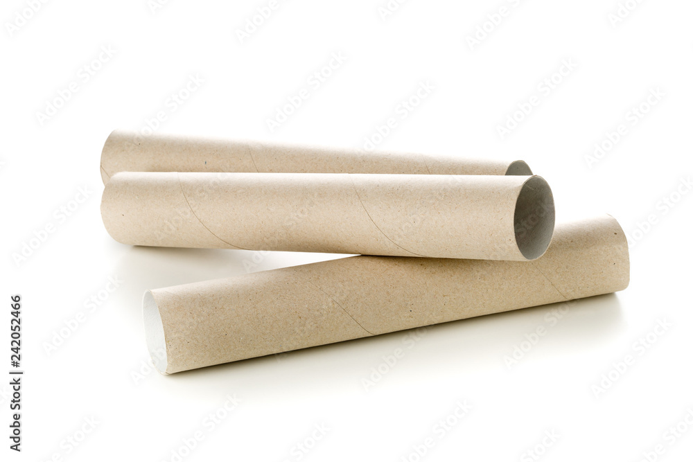 Fototapeta premium Two empty, used, brown cardboard roll tubes over white